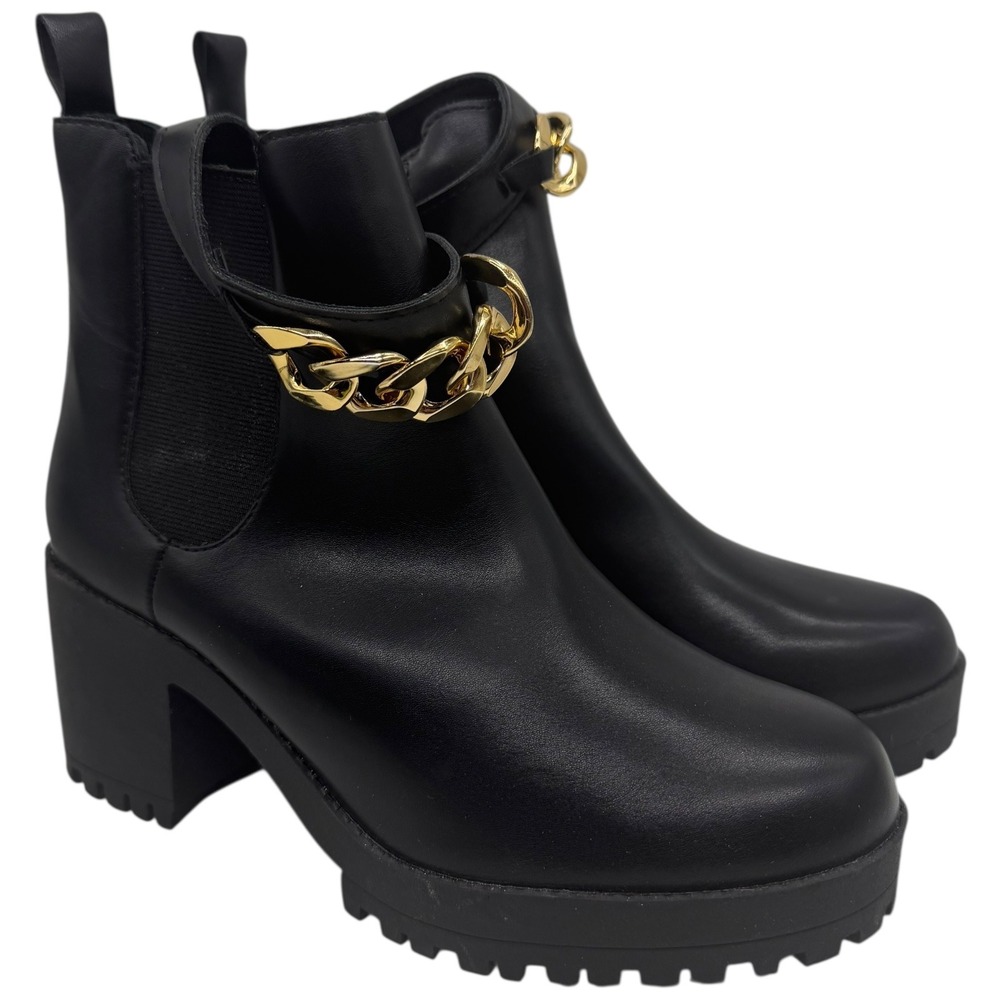 Women's Black Chunky Heel Ankle Boots w/ Gold Chain – Size 8 – Used Once